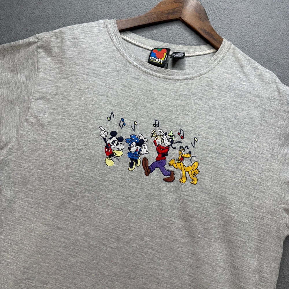 VTG Mickey Unlimited Disney T Shirt Womens L Grey Embroidered Band 90s Retro